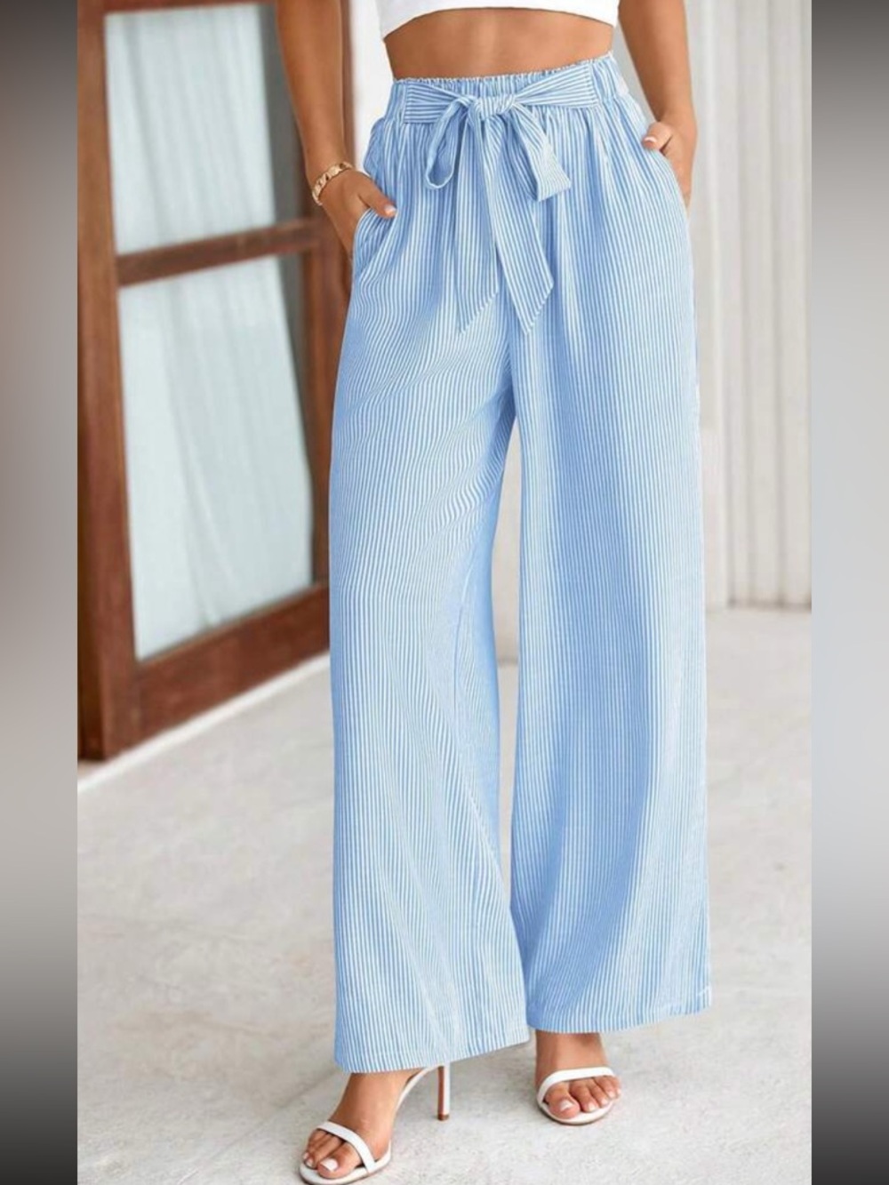 Tie-Waist Wide-Leg Pants in Blue and White